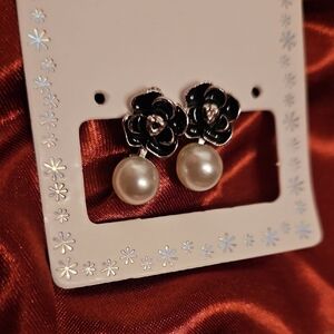 Black and Silver Floral Faux Pearl Earrings